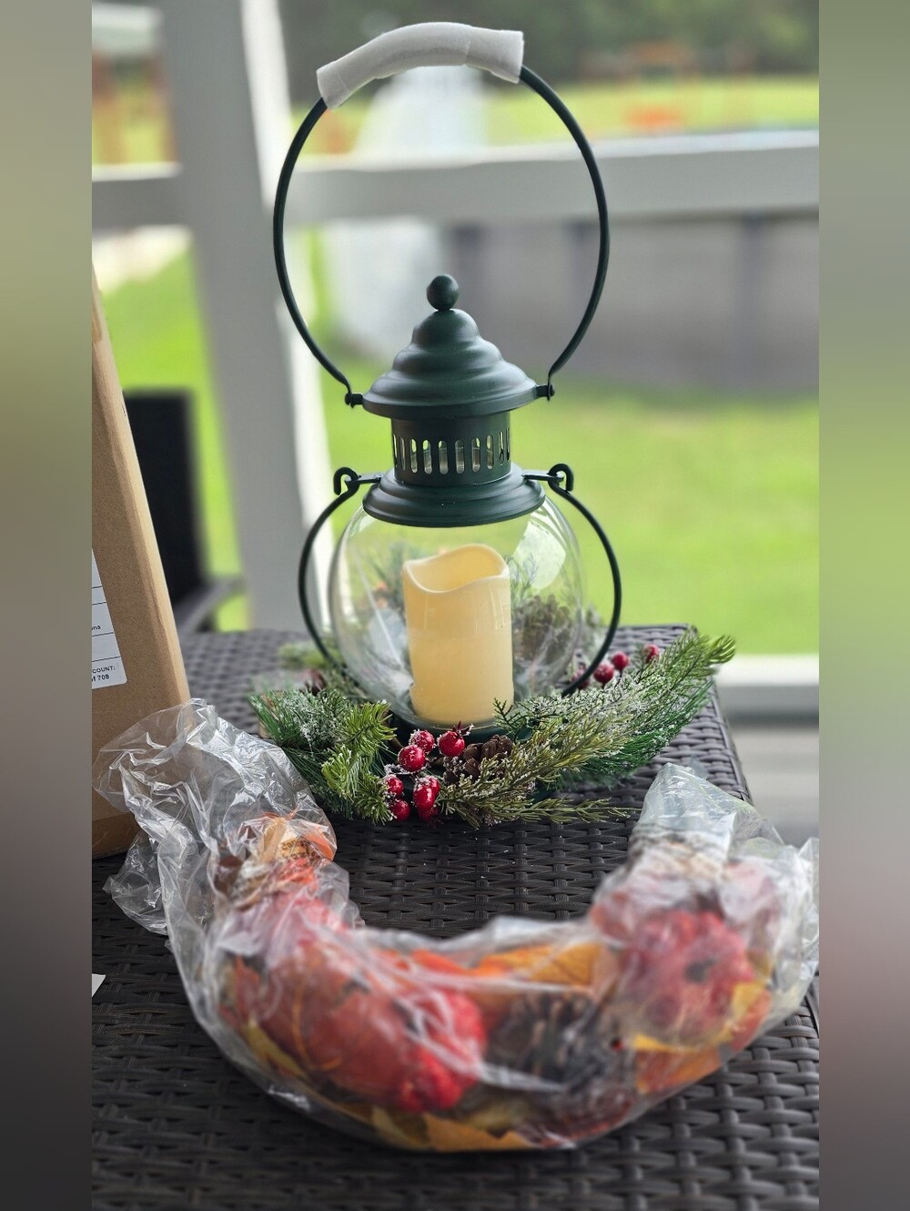 NWT Indoor/Outdoor 13" Hanging Lantern + Candle & Remote + Fall & Winter Wreaths